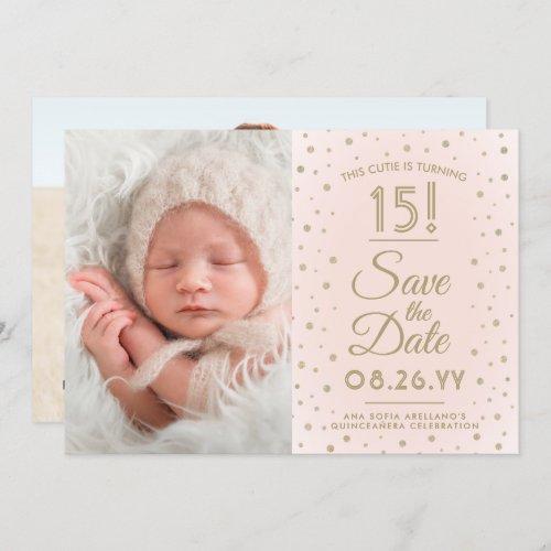 2 Photo Quinceanera Chic Blush Pink Gold Glitter Save The Date