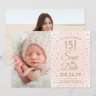 2 Photo Quinceanera Chic Blush Pink Gold Glitter Save The Date