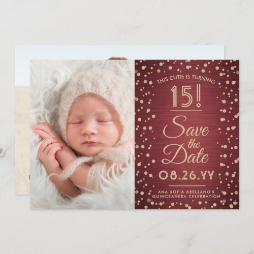 2 Photo Quinceanera Elegant Burgundy Gold Glitter Save The Date