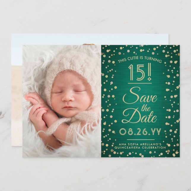 2 Photo Quinceanera Elegant Green and Gold Glitter Save The Date (Front/Back)