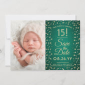 2 Photo Quinceanera Elegant Green and Gold Glitter Save The Date (Front)