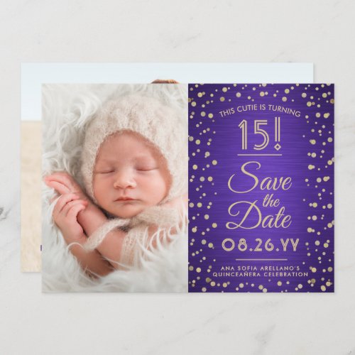 2 Photo Quinceanera Elegant Purple Gold Glitter Save The Date