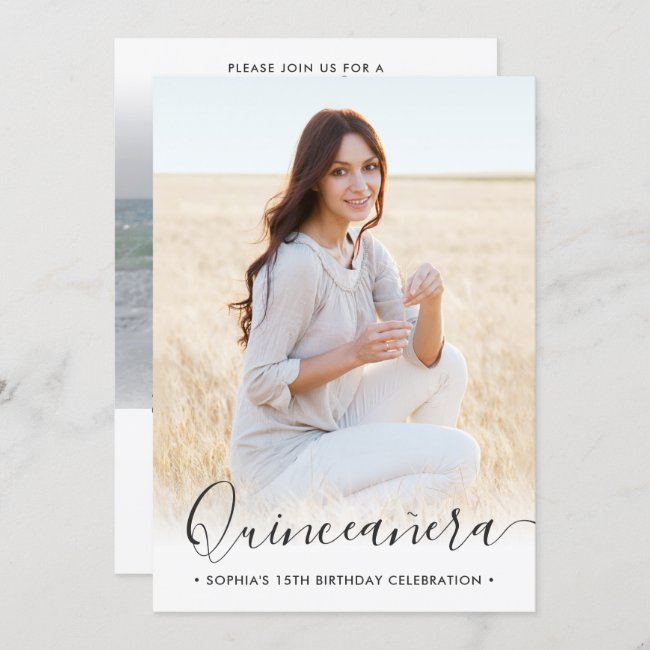 2 Photo Quinceanera Elegant Script 15th Birthday Invitation