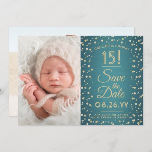 2 Photo Quinceanera Elegant Teal Blue Gold Glitter Save The Date