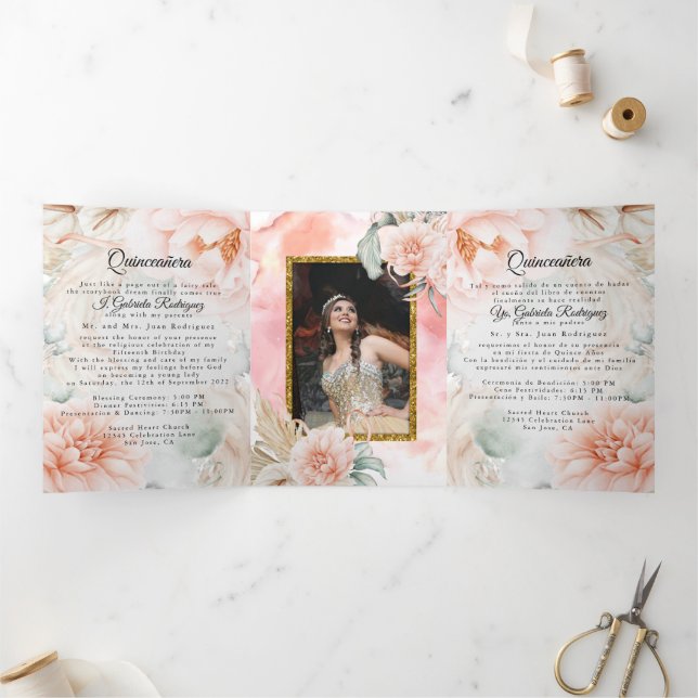 2 Photo Quinceanera English Español Coral Rose Tri-Fold Invitation (Inside)