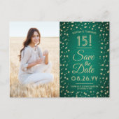 2 Photo Quinceanera Green and Gold Save the Date Invitation Postcard (Front)