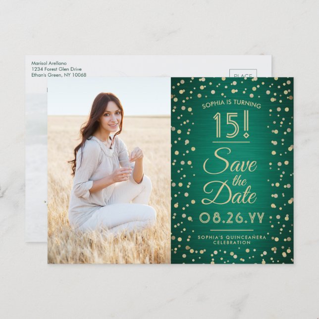 2 Photo Quinceanera Green and Gold Save the Date Invitation Postcard (Front/Back)