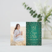 2 Photo Quinceanera Green and Gold Save the Date Invitation Postcard (Standing Front)