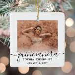 2 Photo Quinceañera Keepsake 15th Birthday Modern Ceramic Ornament<br><div class="desc">Commemorate the quinceañera's special birthday celebration with an elegant modern "Mis Quince Años" square ceramic photo Christmas ornament. The pictures and all wording on this template are simple to personalize to create your own unique keepsake. The colors and font styles can be easily customized with the Zazzle Design Editor tool....</div>