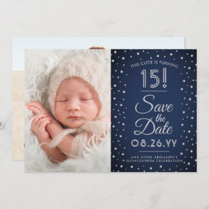 2 Photo Quinceanera Navy Blue Confetti Sparkle Save The Date