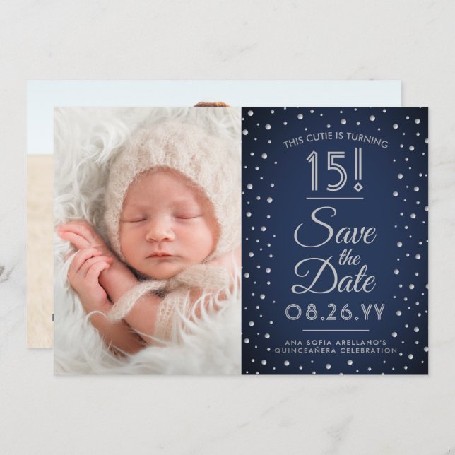 2 Photo Quinceanera Navy Blue Confetti Sparkle Save The Date (Front/Back)