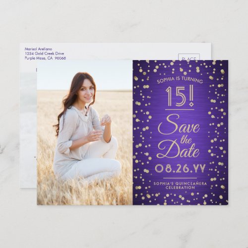 2 Photo Quinceanera Purple and Gold Save the Date Invitation Postcard