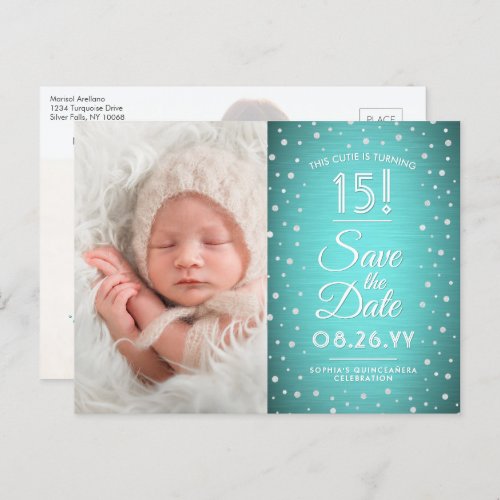 2 Photo Quinceanera Teal Blue Silver Save the Date Invitation Postcard