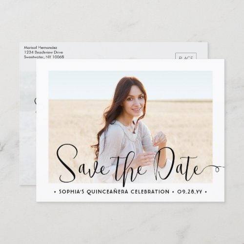 2 Photo Quinceaera Trendy Script Save the Date Announcement Postcard