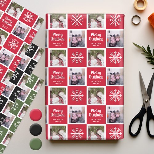 2 Photo Red Green Black Merry Christmas Snowflakes Wrapping Paper Sheets