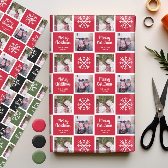 2 Photo Red Green Black Merry Christmas Snowflakes Wrapping Paper Sheets (Personalized Wrapping Paper - add photos to this festive holiday design)
