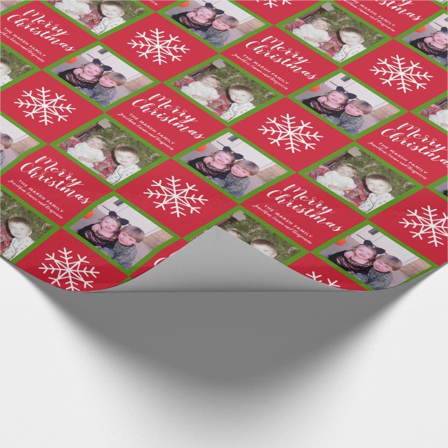 2 Photo - Red Green Merry Christmas Snowflakes Wrapping Paper