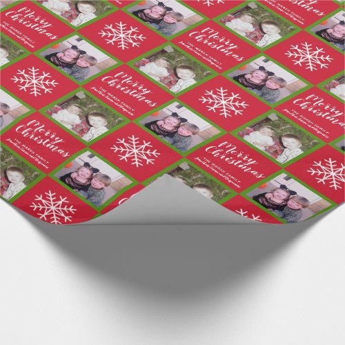 2 Photo - Red Green Merry Christmas Snowflakes Wrapping Paper