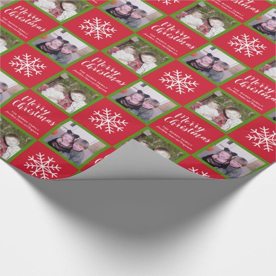 2 Photo - Red Green Merry Christmas Snowflakes Wrapping Paper