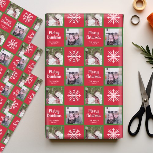 2 Photo _ Red Green Merry Christmas Snowflakes Wrapping Paper Sheets