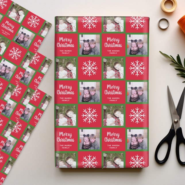 2 Photo - Red Green Merry Christmas Snowflakes Wrapping Paper Sheets (Personalized Wrapping Paper - add photos to this festive holiday design)