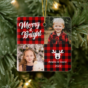 2 Photo Red Plaid Children Christmas Ceramic Ornam Ceramic Ornament