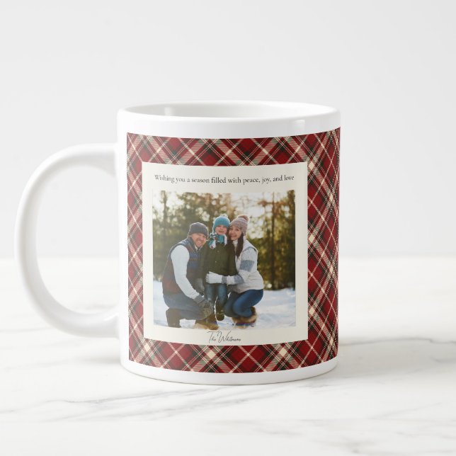 2 Photo Red Plaid Rustic Monogram Trendy Christmas Giant Coffee Mug (Left)