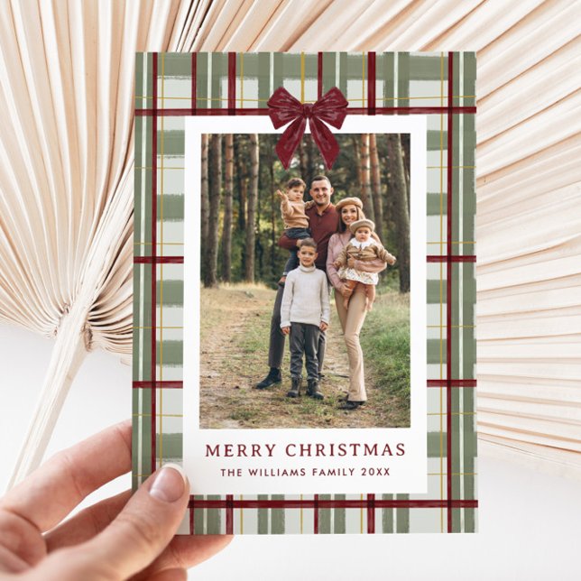 2 Photo Retro Christmas Red Bow Green Plaid Holiday Card (Creator Uploaded)