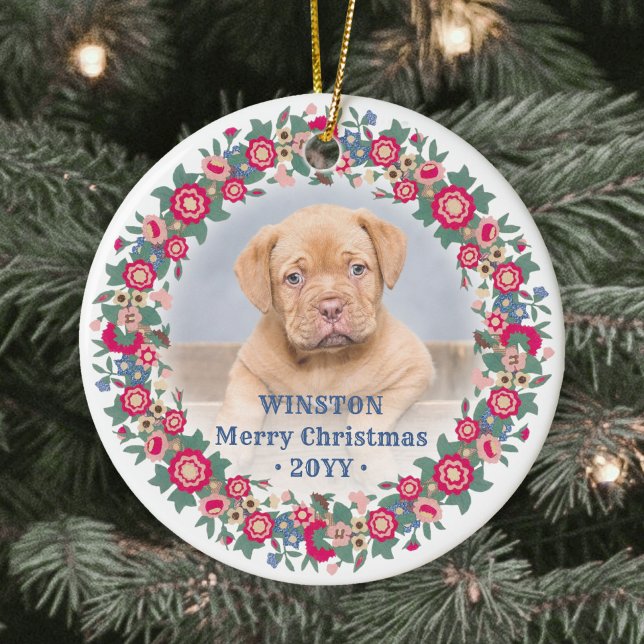 2 Photo Retro Holiday Floral Christmas Wreath Ceramic Ornament (Creator Uploaded)