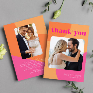 2 photo retro pink orange wedding thank you card