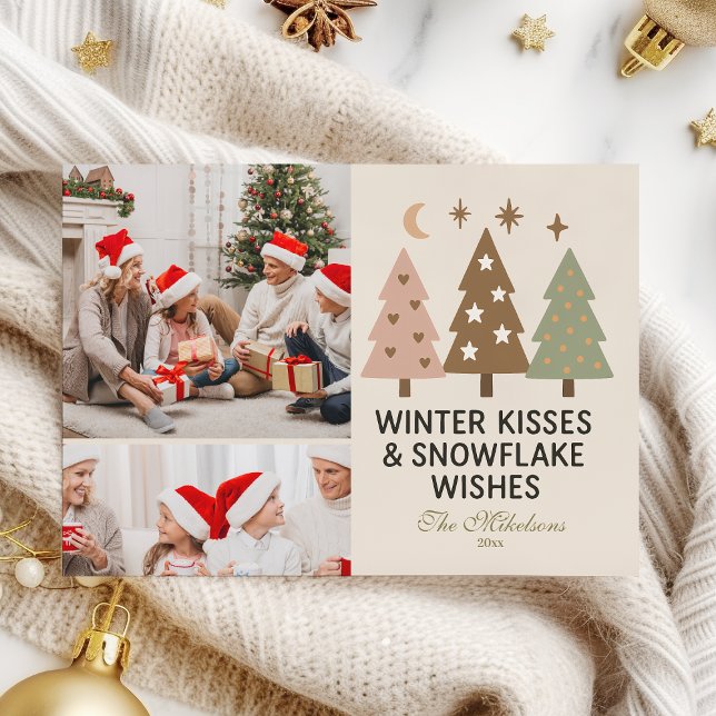 2 Photo Retro Winter Kisses & Snowflake Wishes Holiday Card (Creator Uploaded)