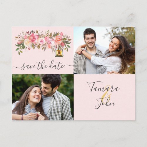 2 Photo Rose Gold Peonies  Lights Save The Date Announcement Postcard