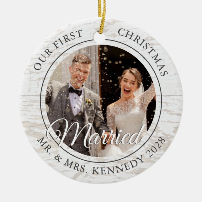 2 Photo Rustic First Christmas Married White Wood  Ceramic Ornament (Front)
