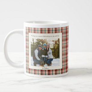 2 Photo Rustic Green Red Plaid Monogram Christmas Giant Coffee Mug