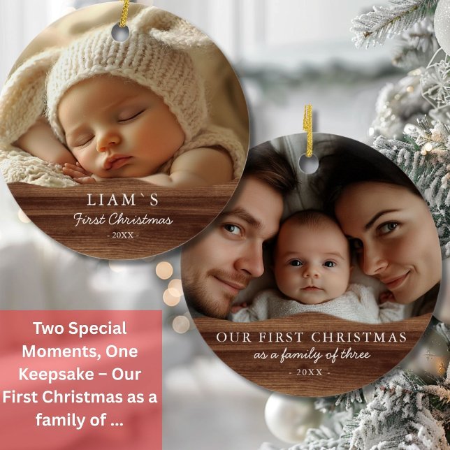 2 Photo´s  Baby's First Christmas - Rustic Wood Ceramic Ornament (2 Photo´s Baby's First Christmas - Rustic Wood Ceramic Ornament)