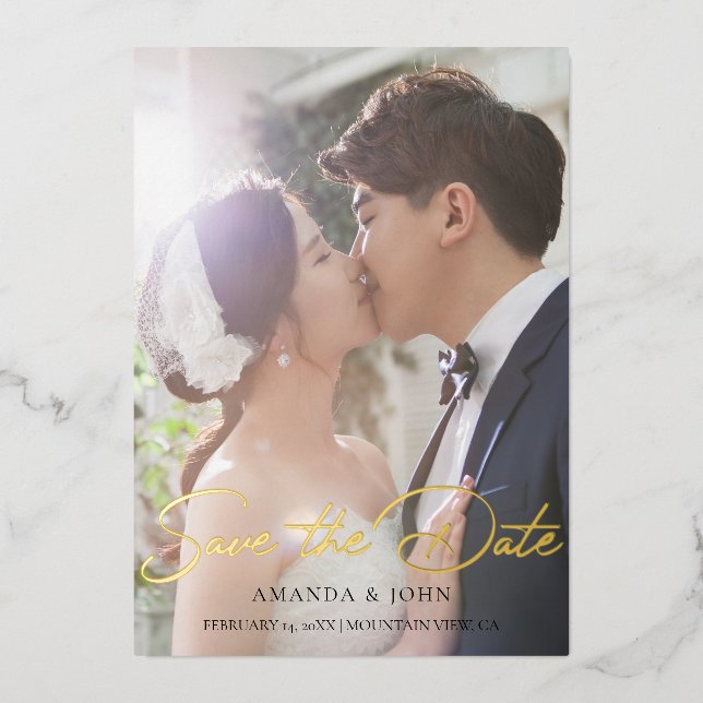 2 Photo Save The Date Wedding Invitation Gold Foil Invitation (Front)