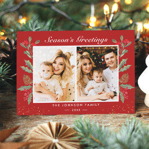 2 Photo Season's Greetings Holly Berries Christmas Holiday Card