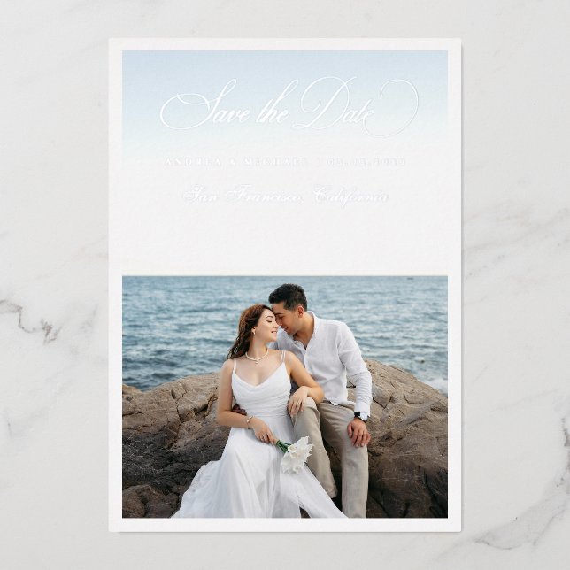 2 Photo & Silver Script Seaside Beach Wedding Foil Invitation (Front)