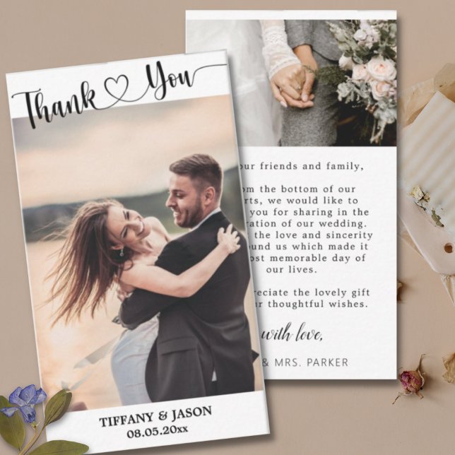 2 Photo Simple Elegant Wedding Hand Lettered Heart Note Card (Creator Uploaded)