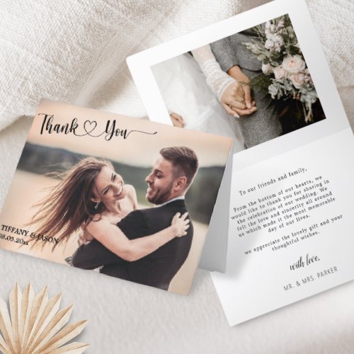 2 Photo Simple Elegant Wedding Hand Lettered Heart Thank You Card