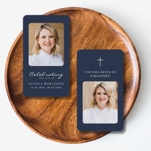 2 Photo Simple Modern Funeral Blue Prayer Card