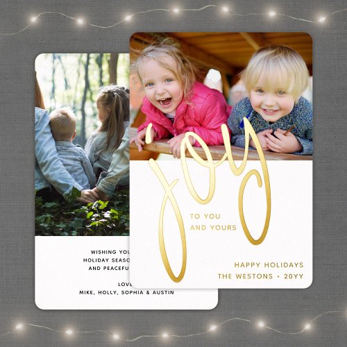 2 Photo Simple Modern Minimalist Script Joy Foil Holiday Card