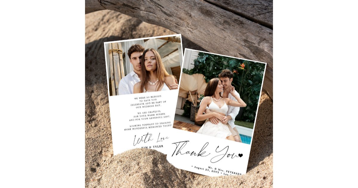 2 photo simple modern script heart wedding thank you card | Zazzle