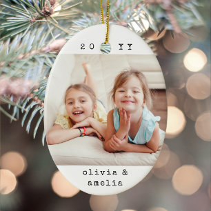 2 Photo Simple Typewriter Year Minimalist Keepsake Ceramic Ornament