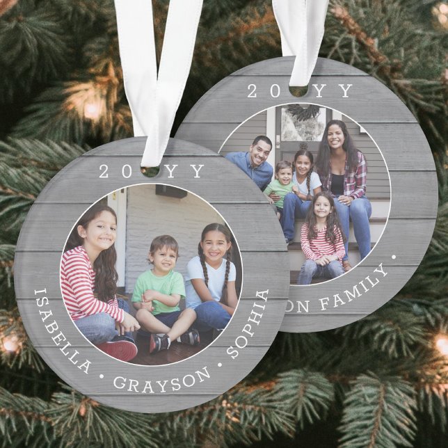 2 Photo Simple Typography Year Gray Faux Wood Ornament (Creator Uploaded)