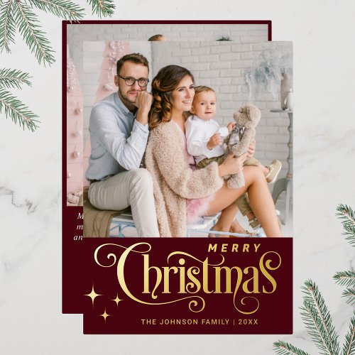 2 PHOTO Sparkle Merry Christmas Greeting Gold Foil Holiday Card