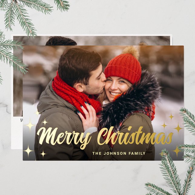 2 PHOTO Sparkle Merry Christmas Greeting Gold Foil Holiday Card (Customizable Christmas holiday greeting photo card with real foil print.)