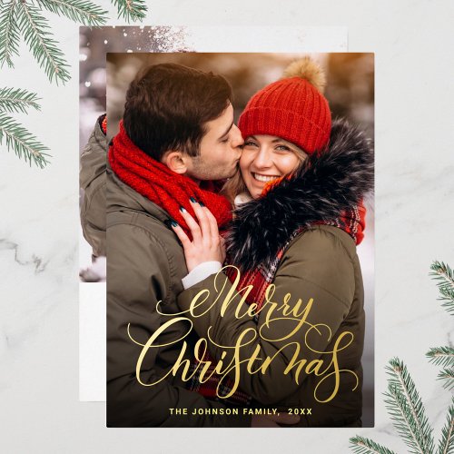 2 PHOTO Sparkle Merry Christmas Greeting Gold Foil Holiday Card