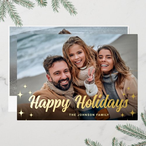 2 PHOTO Sparkle Merry Christmas Greeting Gold Foil Holiday Card