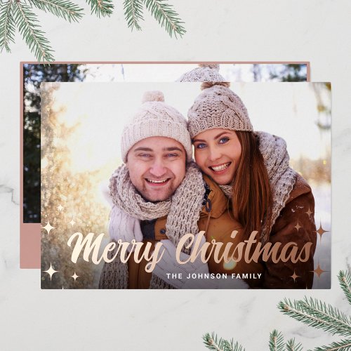 2 PHOTO Sparkle Merry Christmas Greeting Rose Gold Foil Holiday Card